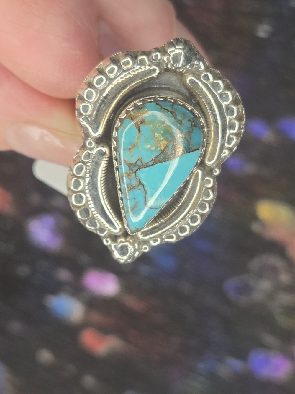 Silver Over Copper- Turquoise Teardrop Statement Ring - Blue Turquoise.
